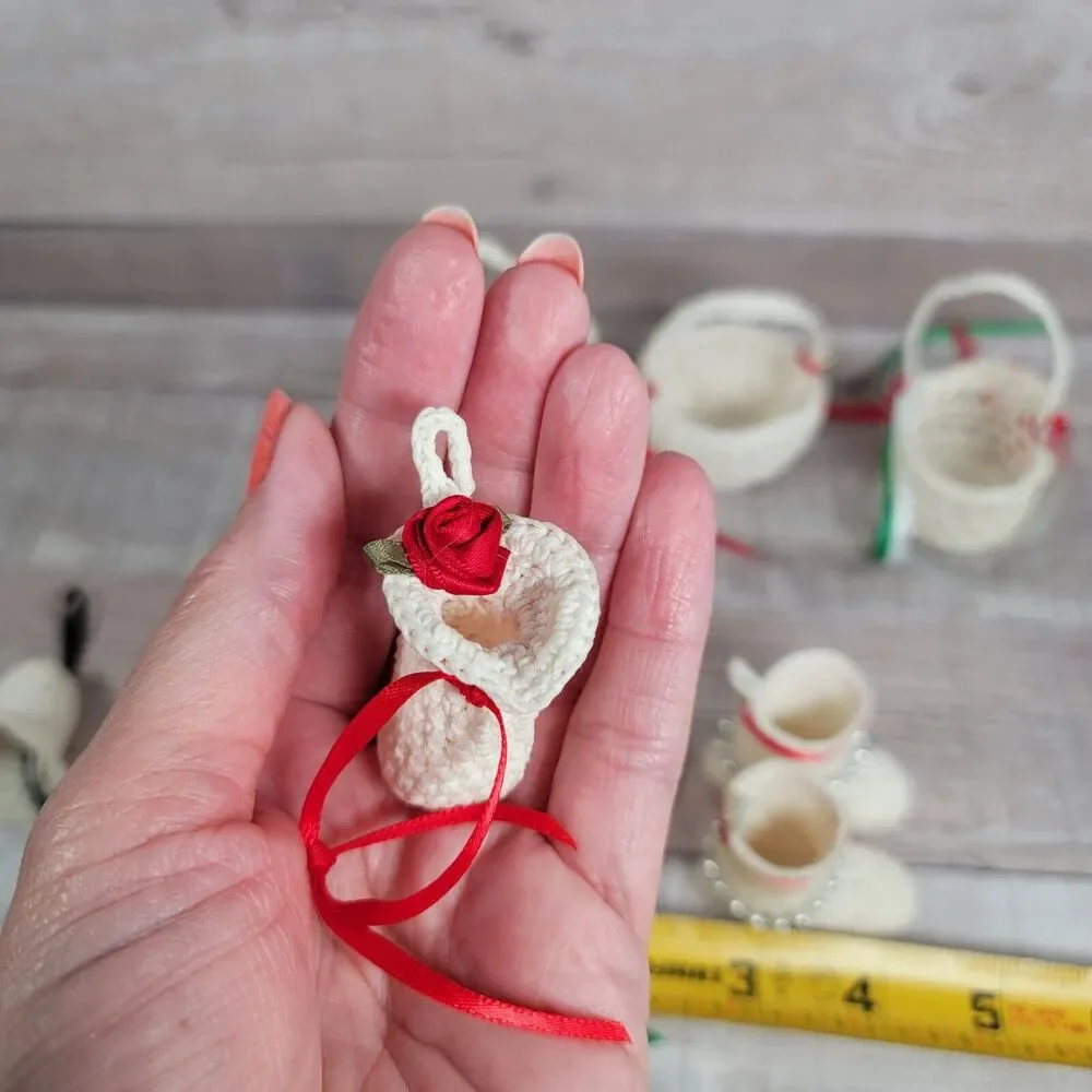 Vintage Crochet Christmas Ornaments Handmade Boho Bells Baskets Booties Slippers